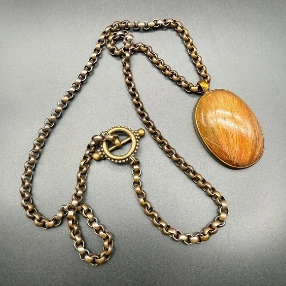 RARE 1994 Signed Stephen Dweck Pendant Necklace Oversized Bronze Chain & Quartz - Picture 5 of 8